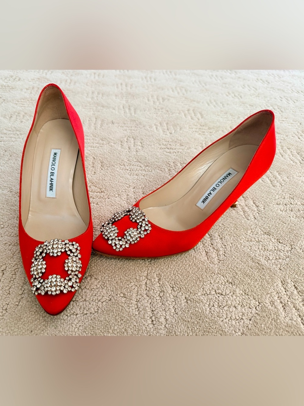 Manolo Blahnik Hangisi Red Satin Pointed Pumps with Crystal Buckles